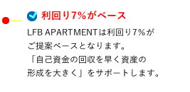 利回り7％がベース LFB APARTMENTは利回り7％がご提案ベースとなります。「自己資金の回収を早く資産の形成を大きく」をサポートします。